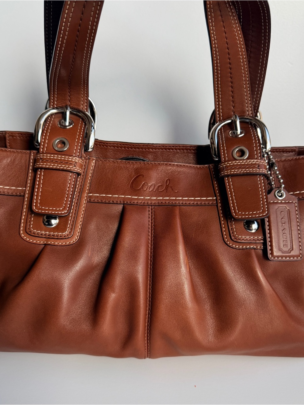 Vintage Coach y2k Brown Leather Pleated Shoulder Bag with Silver Hardware